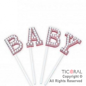 Cake topper BABY con perlas rosa  X 1